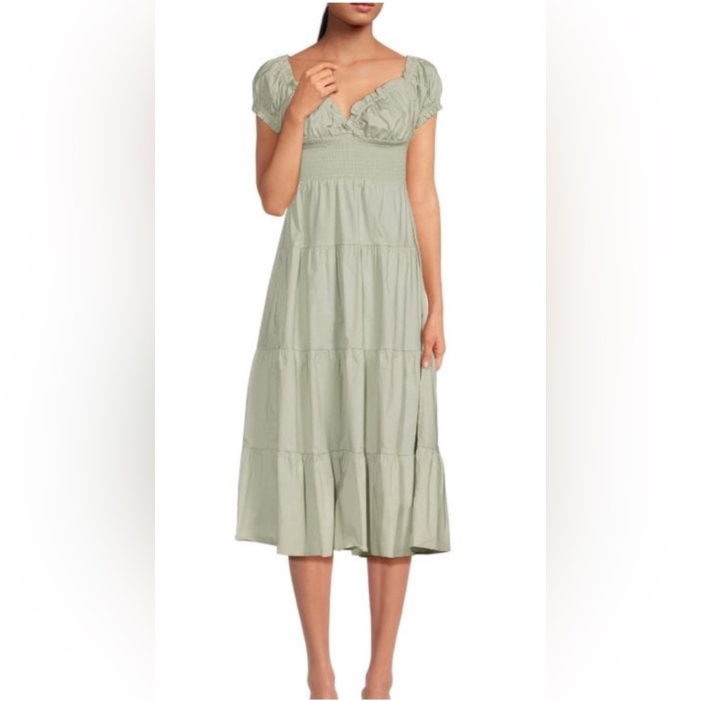 Sage Green WeWoreWhat Puff Sleeve Smocked Midi Dress
